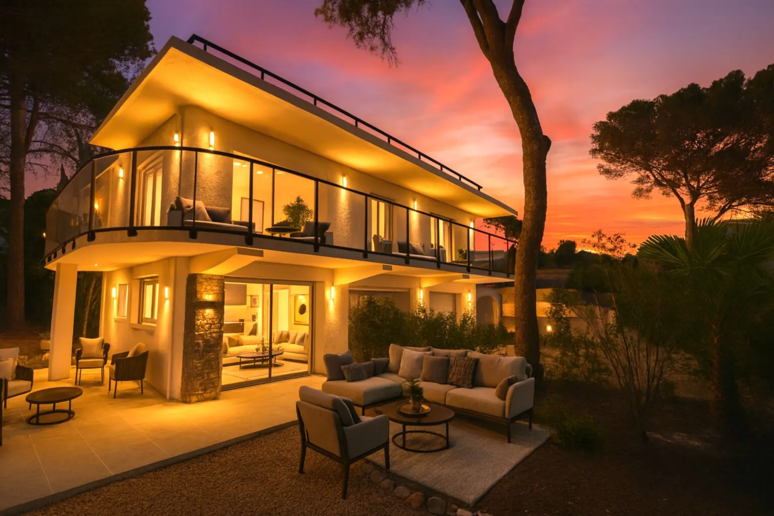 Villa rénovée Cœur Boulouris éclairée à la tombée de la nuit