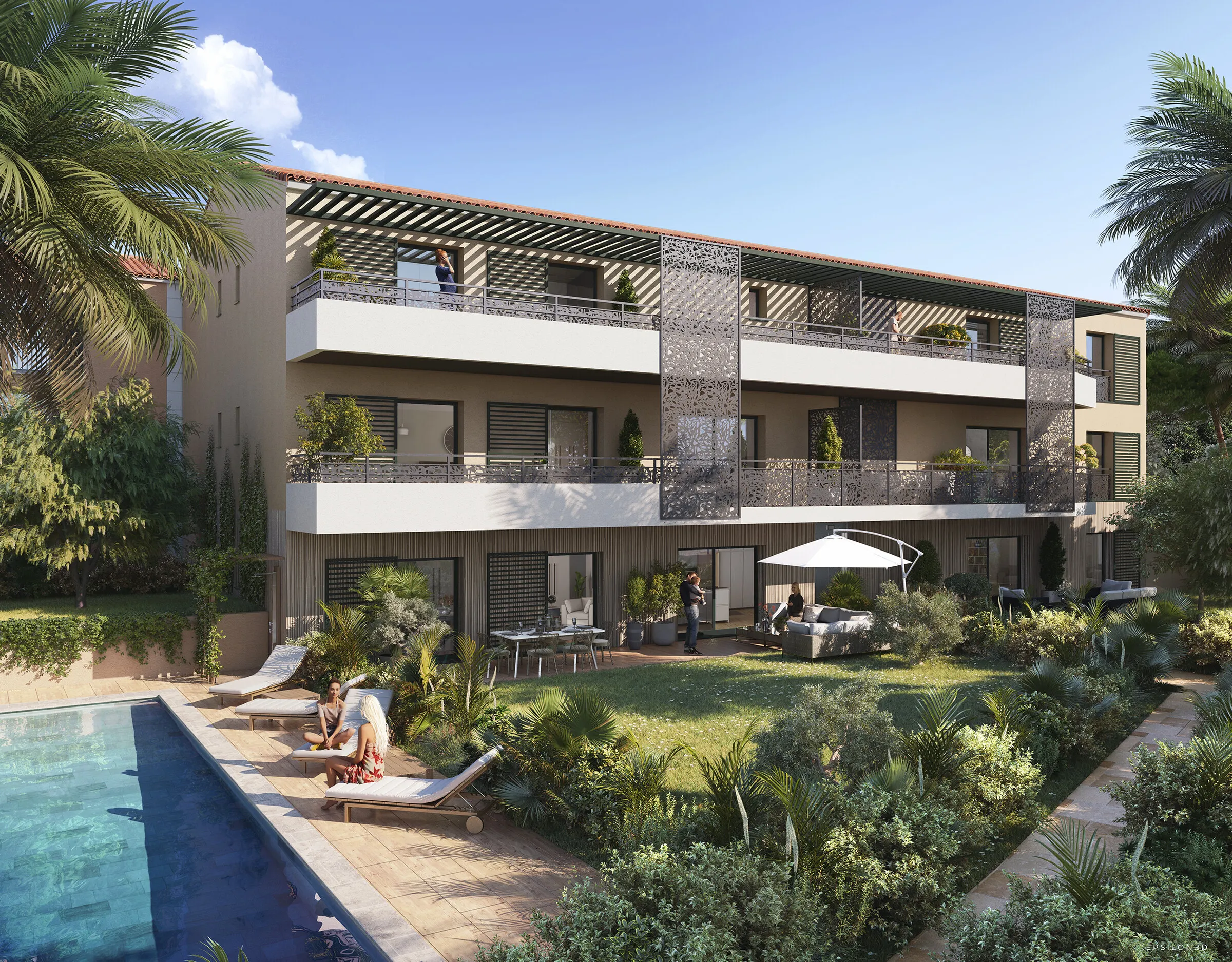 Perspective de la résidence Serenity à Saint-Tropez : jardin, piscine et terrasses